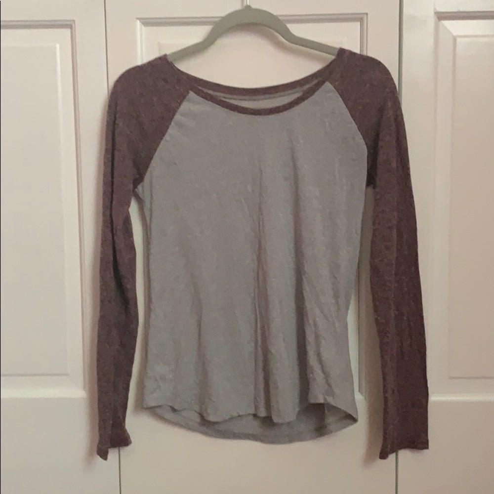 maroon and grey long sleeve top